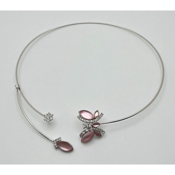 Pink Butterfly Silver Toner Choker Necklace Collar Rhinestone Accents - Picture 2 of 6